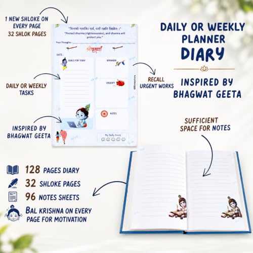 Image of Daily Diary | Day To Day Planner | Krishna Learnings | Daily Goals & Self-Assessment | Krishna Diary |Motivational Journal | Inspired By Bhagvad Gita
