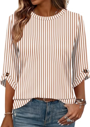 OFEEFAN Womens 3/4 Sleeve Tops with Buttons Crew Neck Summer Fall Clothes