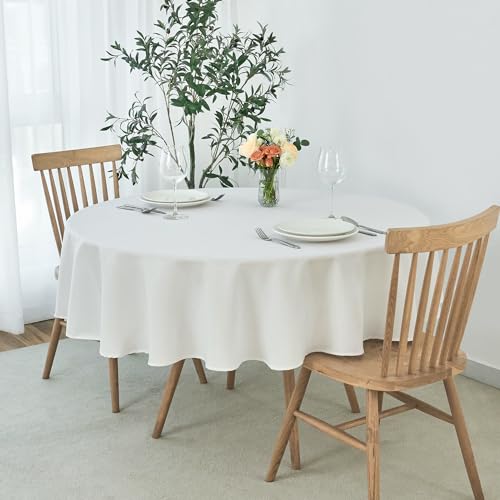 Image of maxmill Round Weaved Texture Design Tablecloth Spill-Proof Wrinkle Free Soft Washable Table Cloth for Circular Table Cover, for Dining Room Buffet Banquet Parties Holiday Dinner, 90 Inch White
