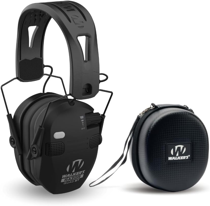 Walker's Razor Slim Quad Electronic Earmuffs with Bluetooth Technology (Black) Bundle Shooting Hearing Protection Case (Black) (2 Items)