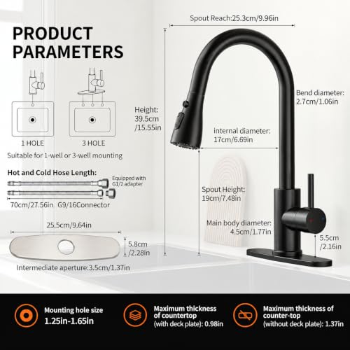 Oersitor Kitchen Faucet with Pull Down Sprayer，Lead-Free NSF Certified ，High Arc Single Handle Stainless Steel Sink Faucet，1/3 Hole, Suitable for Farmhouse RV Laundry Rooms Camper and Bars(Black) - image 3