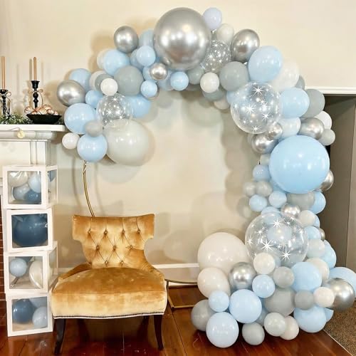 Image of Dusty Blue Party Balloons, 60PCS Light Blue Pearl White Silver Balloon, 12 Inch Star Printed Transparent Latex Balloons Helium for Boys Birthday Wedding Baby Shower Gender Reveal Party Decoration