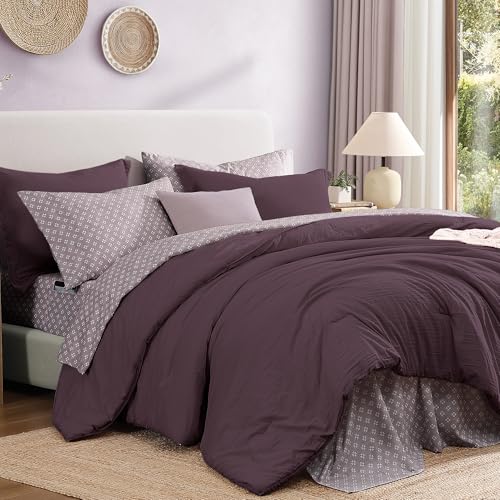 Image of Monbix King Size Comforter Set- 7 Pieces Soft Bed in a Bag King Bedding Set | All Season Plum Prewashed Comforter with Sheets, Pillowcases & Shams