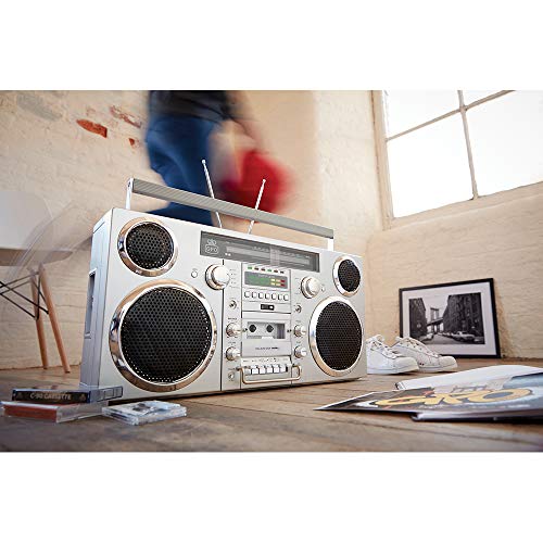 GPO Brooklyn 1980S-Style Portable Boombox - CD Player, Cassette Player, FM Radio, USB, Wireless Bluetooth Speaker - Silver