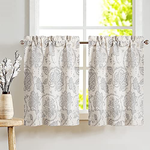 JINCHAN Kitchen Curtains Paisley Scroll Print Linen Small Window Curtains Tier Curtains for Bathroom Medallion Design Burlap Vintage Jacobean Floral Cafe Curtains 24 Inch Length 2 Panels Grey on Beige