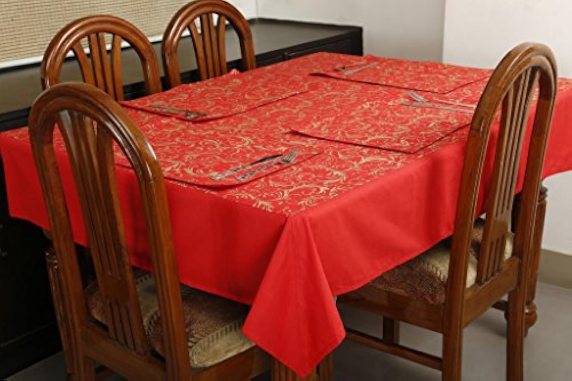 Gold Printed Red Table Cover Set (Pack of 5)