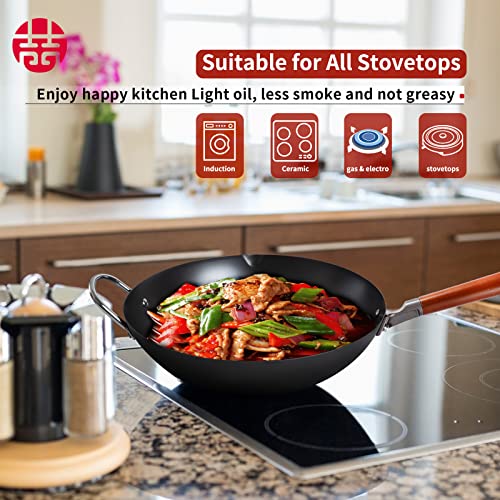 Wangyuanji Carbon Steel Wok,14.2" Wok Pan With Lid, Woks & Stir-Fry Pans No Chemical Coated Wok For Induction, Electric, Gas, Halogen All Stoves-Practical Gift Flat Bottom Iron Wok #TOP4