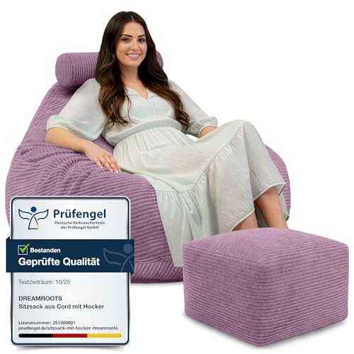 DreamRoots Sitzsack Erwachsene Cord oder Kinder - Bean Bag Sofa - Sitzsack Cord mit Hocker und Bezug - Sitzsäcke mit Füllung 90x90x100 cm Plum Smoothie