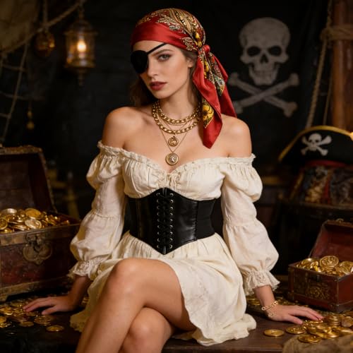 FeelfunFeather Pirate Costume Accessories for Women with Head Scarf Wrap Pirate Corset Eye Patch Necklace Sash Chain Belt.red - Thumbnail 3
