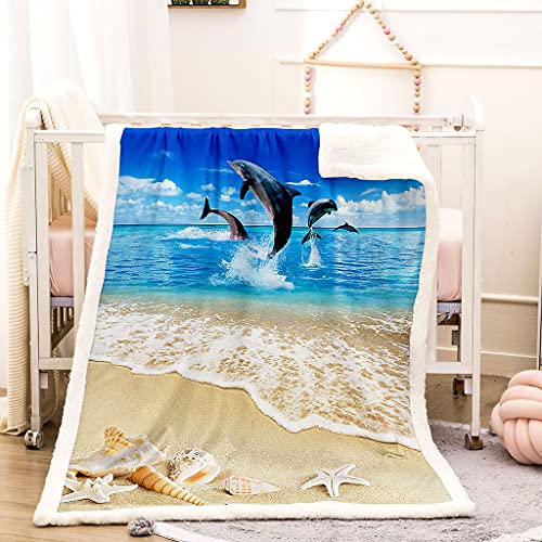 SVTUSR Manta Polar Infantil Cama 105 Manta De Franela para Sofa Cama con Estrella De Mar De Concha De Playa Impresión Patrón 150X150Cm Colchas Invierno Modernas para Niños, Microfibra Suave Caliente