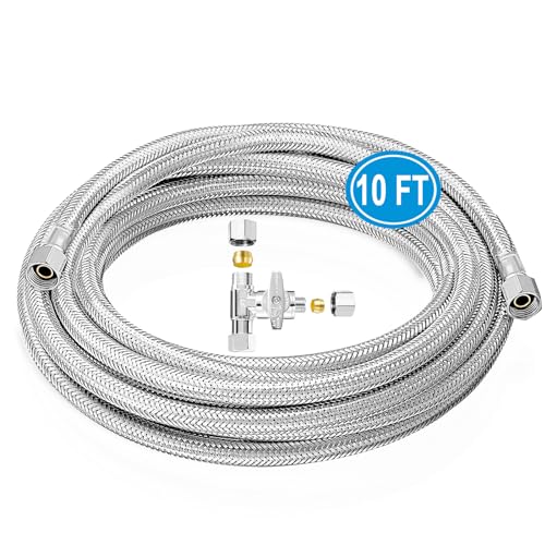 Refrigerator Water Line Kit - 10FT Stainless Steel Braided Ice Maker Water Line with Tee Stop Valve,Foodgrade PEX Inner Hose Fridge Water Line with 1/4" Comp Fitting and Tee Valve