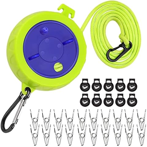 FCOOL Retractable Washing Line, 10m Portable Anti Winding Travel Clothes Line Adjustable Camping Washing Line With 10 Fixed Buckles And 20 Clothespins for Camping Holiday Garden Outdoor Indoor Cover