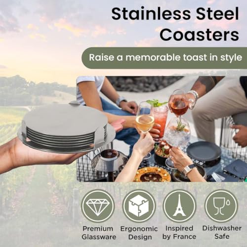 Image of Giftana Round Coaster Set for Home and Office, Non-Slip Drink Coasters for Dinning Table, Bar -Matt Finish- Steel Coasters with Stand for Tea Cups,Coffee Mugs,Glasses (Set of 6 Pieces) (Silver)