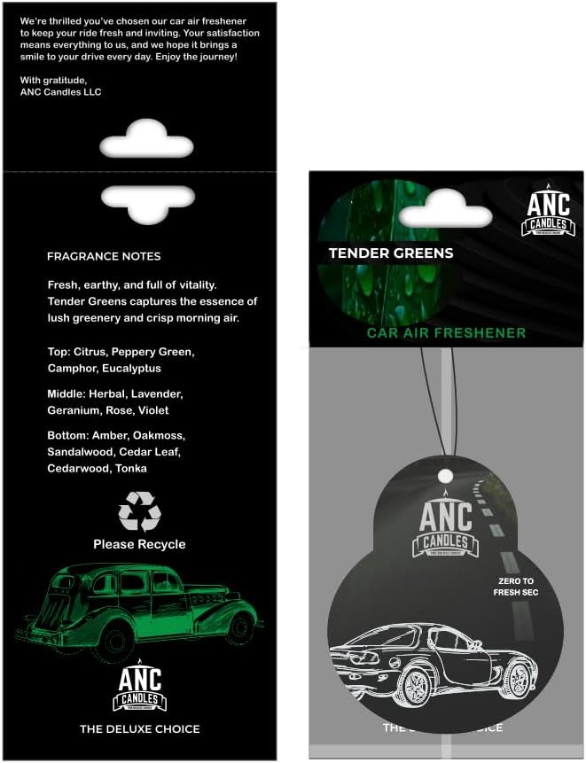 Tender Greens Car Air Freshener – Handmade Premium Oil Infused Freshener – Long-Lasting, Non-Toxic – Tender Greens – Eco-Friendly Hanging Freshener