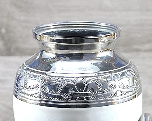 Hind Handicrafts Silver Engraved Cremation Urn for Adults Handmade Aluminium Urn in Pearl White, Solid Pattern - Image 3