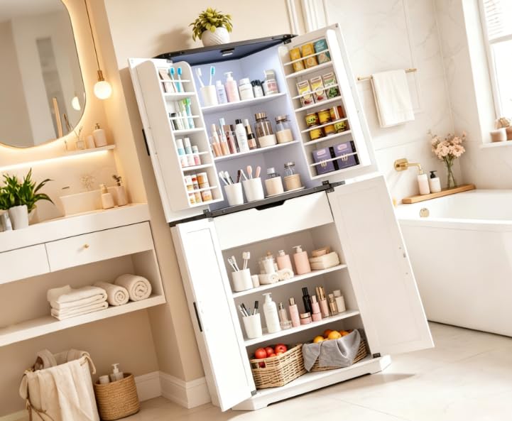 Image of Dripex 71 inch Tall Corner Pantry Cabinet White, Farmhouse Tall Storage Cabinet with Doors, Adjustable Shelves & LED Light, Kitchen Food Cabinet for Living /Dining Room