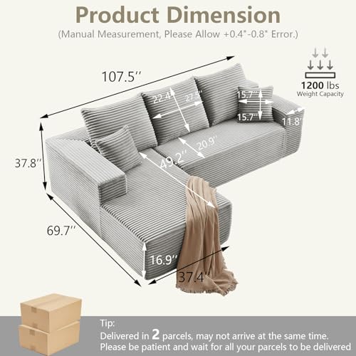 Image of 107 inch Cloud Sectional Couch with L-Shape Chaise, Modern Modular Comfy Sofa with Deep Seat, Upholstered Corduroy Couches Sleeper Chaise Longue for Living Room Bedroom, No Assembly Required, Grey