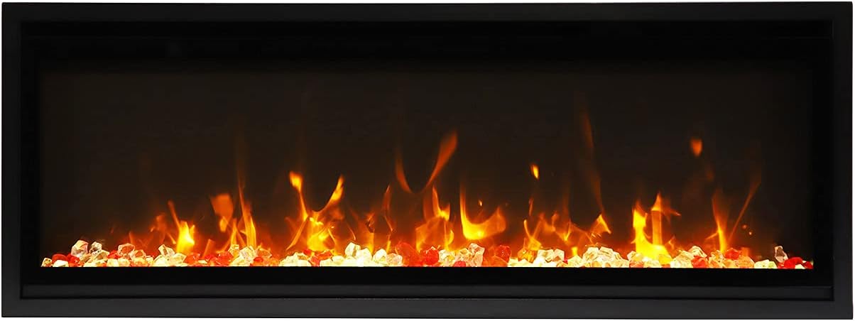 Amantii WM-55-XS electric fireplace displaying orange and yellow flames with clear and red decorative media