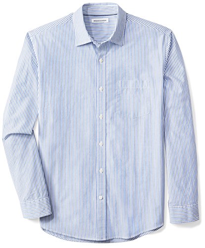 Amazon Essentials Men's Regular-Fit Long-Sleeve Stripe Casual Poplin Shirt, White/Blue Stripe, Large