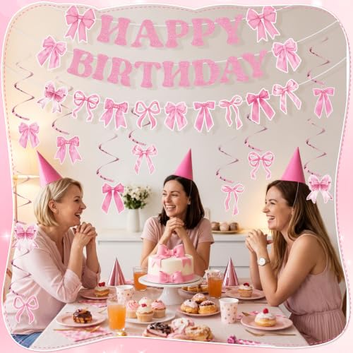 Image of Pink Bow Happy Birthday Banner with Hanging Swirls Decor | Bow Birthday Party Decorations Pink Birthday Party Set for Walls Ceilings Dessert Tables and Covered Patios