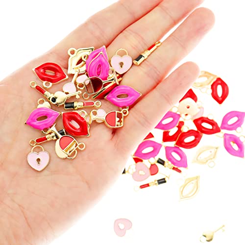 Rechicgu 90Pcs Love Valentine's Day Charms Heart Red Lips Key Wine Glasses One Hole Pendant Jewelry Making Diy Necklaces Bracelets Keychains Earrings Gifts #TOP3