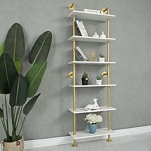 Industrial gold bookshelf 6 tier wall mounted ladder bookshelf rustic gold storage book shelves display bookcases for living roomhomeoffice  urban country home decor