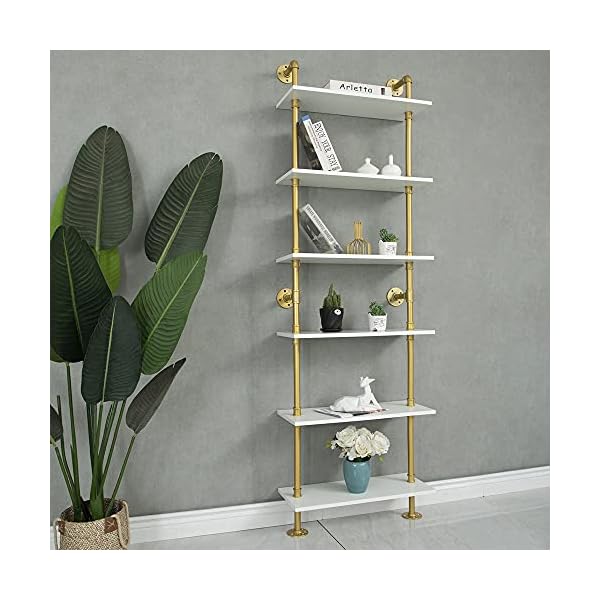 Industrial gold bookshelf 6 tier wall mounted ladder bookshelf rustic gold storage book shelves display bookcases for living roomhomeoffice  urban country home decor