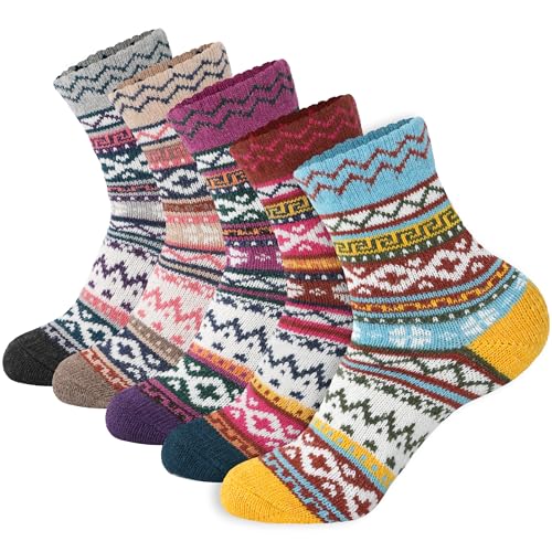 Image of LOCONHA Womens Wool Socks 5 Pairs Winter Warm Sock Thick Knit Cabin Cozy Crew Soft Socks Gifts for Women