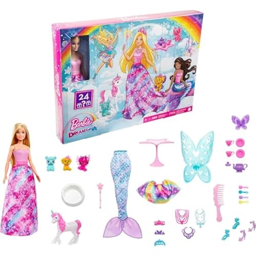Barbie Dreamtopia Advent Calendar, Fantasy-Themed with 24 Surprises, Daily Toys Include Barbie Fashion Doll, Pets, Clothes & Accessories Like Mermaid Tail & Wings