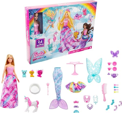 Barbie Dreamtopia Adventskalender Barbie-Puppe und 24 Geschenke einschließlich märchenhafte Moden, magische Haustiere und Zubehör, Urlaub Geschenk, HGM66