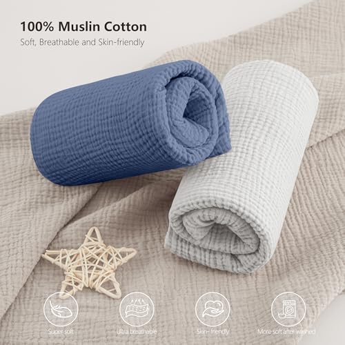 Image of Bearmoss Muslin Mini Crib Sheets for Pack N Play Mattress - 100% Cotton - 38 inchx26 inch Soft Breathable Playard Baby Crib Sheets Neutral for Boys Girls - 2 Pack (Blue Elephant)