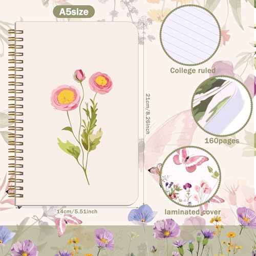 Image of Resurhang 6 Pack Floral Spiral Notebooks Wildflowers Preppy Journal Cute Aesthetic Hardcover Ruled Notebooks with Ballpoint Pens for Office School Day Classroom Prize Gifts, 5.5 x 8.3 Inch