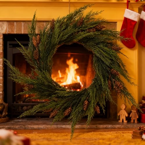 2pcs 24inch Artificial Dragon Cypress & Norfolk Pine Wreaths - Christmas Wreath, Norfolk Pine Wreaths, Cedar Wreath, Winter Wreath, Real Touch, Front Door, Indoor & Outdoor Christmas Decor by Cllenarun - Image 5