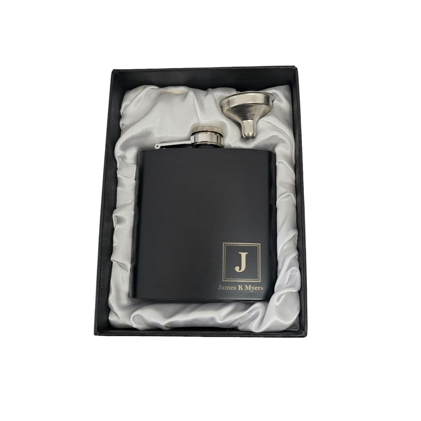 Personalised Hip Flask with Your Name or Initials + Gift Box, Laser Engraved Stainless Steel 6oz Flask and Silk Lined Box. (Style-D)