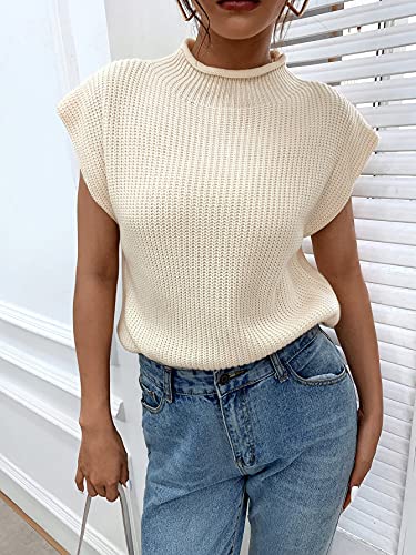 Gorglitter Women's Mock Neck Short Cap Sleeve Sweater Vest Casual Solid Knit Pullover Top Beige Large #TOP1