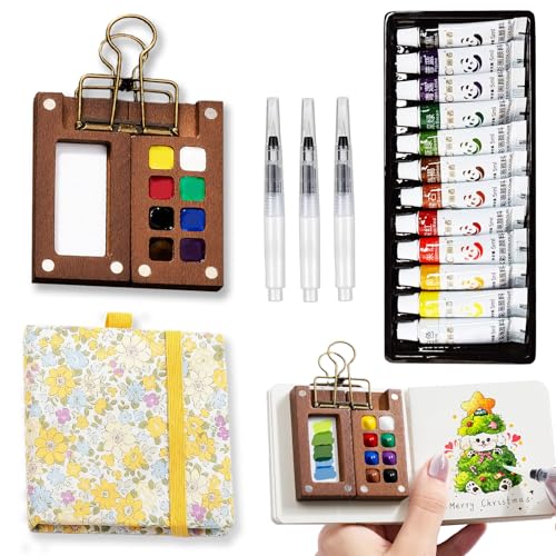 MUZMDNI Mini Portable Watercolor Palette Set-Grid Paint Box with Binder Clips Include 12 Colors Paint - Brush*3 and Picture Album Art Materials Coloring Markers (Yellow Wood-S)