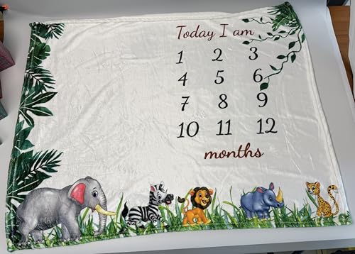 Image of vmaisi Baby Milestone Blanket for Boy - Newborn Monthly Photo Prop Gift | Cute Green Animal Print - Spacious 100x80cm for Swaddling