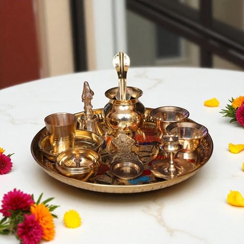 Image of Brass 9 Inch Minakari Pooja Thali Set With 10 Items Including Ghanti, Kalash, Udarni, Kuber Diya, Agarbati Stand, 2 Kumkum Bowls, Kapoor Aarti, 1 Glass and 1 Prasadam Plate | Weight : 670 Grams