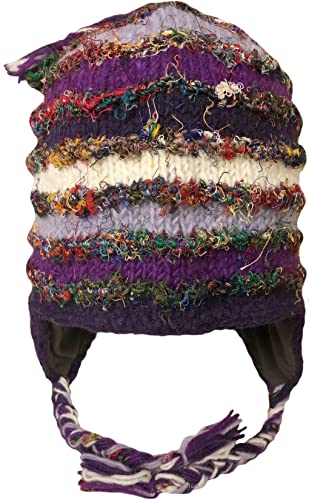 Nepal Hand Knit Sherpa Hat with Ear Flaps, Trapper Ski Heavy Wool Fleeced Lined Cap (Purple & White XL)