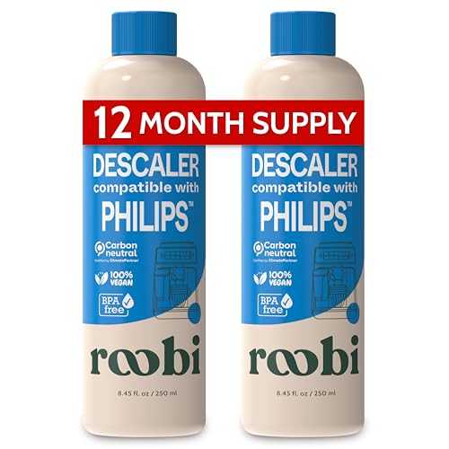 Roobi Descalcificador compatible con cafetera Philips y hervidor. 2 botellas, 2 usos cada una. Removedor y limpiador de cal. Carbono neutro y ecológico