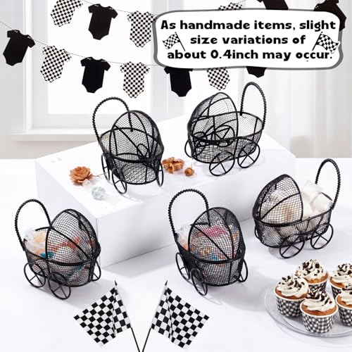 Image of Threehoney 12 Pcs Baby Shower Mini Carriage Decoration Black Metal Wired Fillable Candy Stroller Baby Shower Table Centerpiece for Guest Gender Reveal Wedding Party Favor Gift