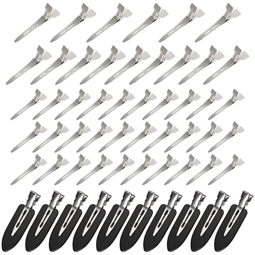 XCZYN 45 Pcs Curl Clips with 10 Pcs Black No Bend Hair Clips Set No Crease Flat & Pin Curl Clips 1.75 Inch Silver Single Prong Section Clips Metal Alligator Hair Pins for Hair Extensions (55 Pcs)