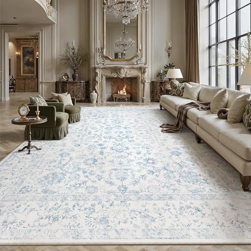 10x14 Blue Area Rug Non Slip Large Vintage Living Room Distressed Machine Washable Carpet Traditional Indoor Bedroom Blue Retro Floral Accent Throw Ru