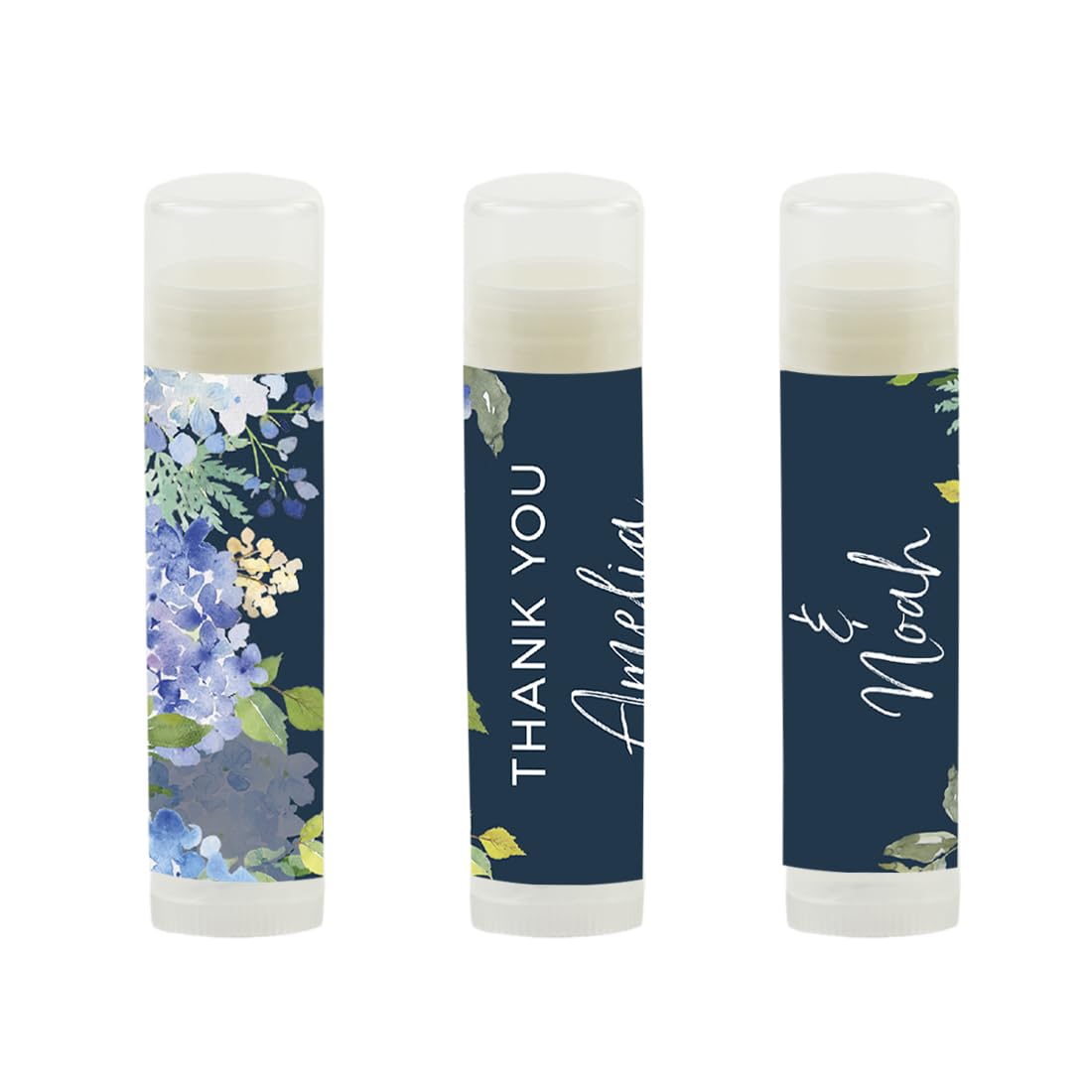 Andaz Press Personalized Wedding Party Lip Balm Party Favors, Navy Blue Hydrangea Floral Garden Party, Thank You, Bride & Groom Names and Date, 12-Pack, Custom