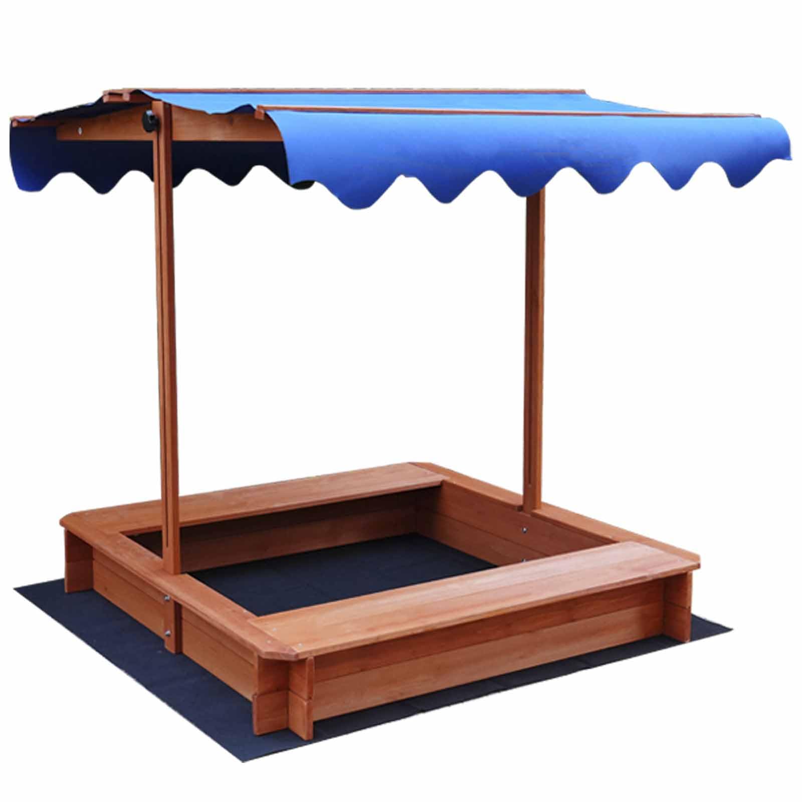 Bac à sable avec toit et banc, en bois, 114 x 114 x 114 cm, protection UV, bleu, avec tissu non tissé, le sac de sable convient uniquement aux enfants