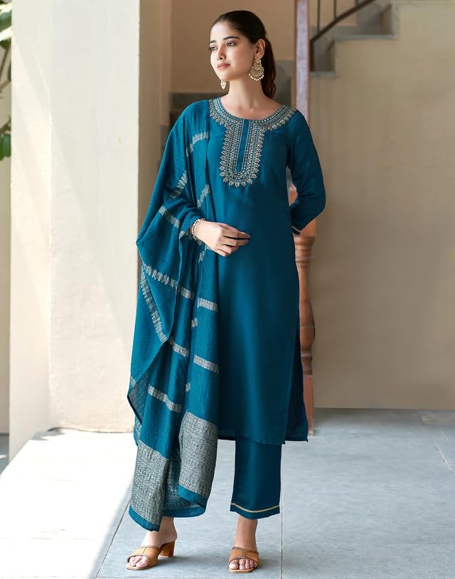 Image of SIRIL Women's Cotton Blend Suit Set for Women | Embroidery Kurta with Pant & Dupatta | Straight Kurta Set