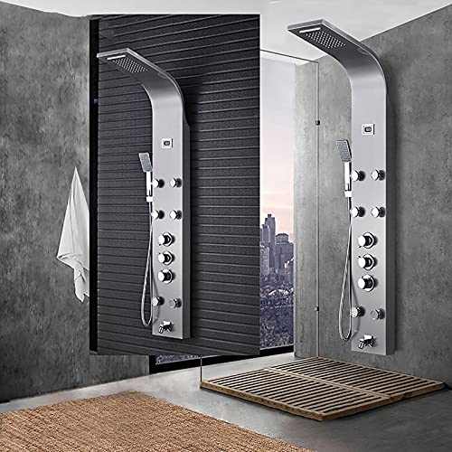 Columna de Ducha Digital con Panel Termostático, Sistema de Ducha con Cabezal de Lluvia, Duchador de Mano, Chorros Corporales y Salida para Bañera, Acabado en Niquel Cepillado miniatura 5