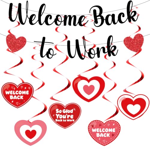Image of Welcome Back To Work Decoration Banner So Glad You're Back To Work Banner and Hanging Swirls for Office Party Supplies - Black Red
