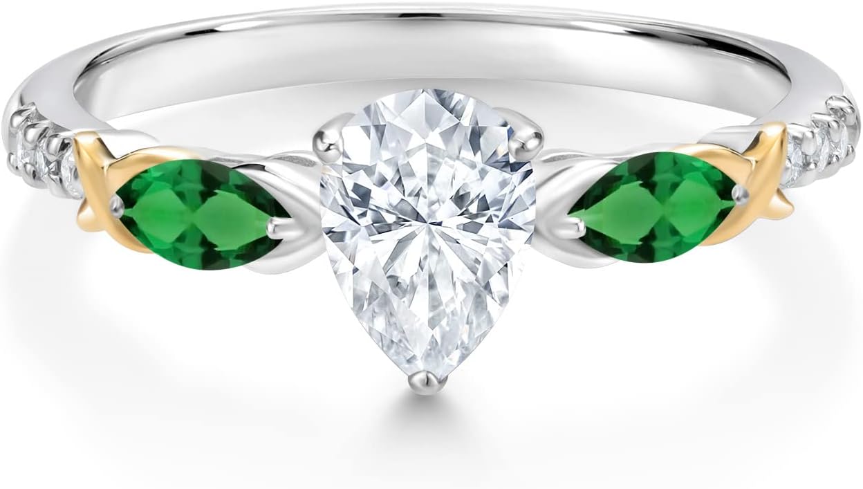 Gem Stone King 925 Silver 10K Yellow Gold Pear Shape White Moissanite Green Nano Emerald and White Lab Grown Diamond Engagement Ring For Women (1.16 Cttw)