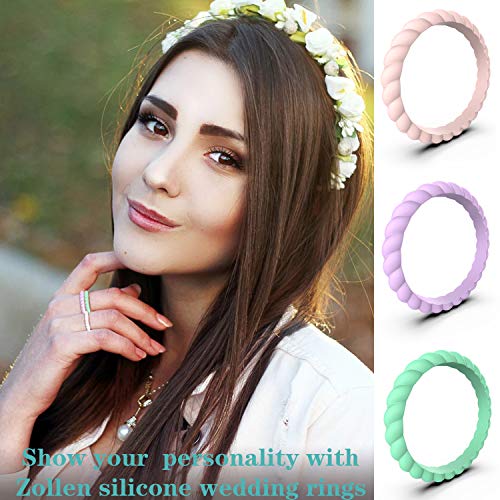 Zollen 12 Packs Silicone Wedding Rings for Women, Thin Braided Rubber Wedding Bands Stackable Ring, Hypoallergenic Silicone4